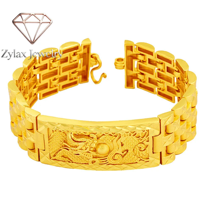 Zylax Jewelry Men's 24K Gold AU999 Dominant Dragon Head Watch Chain Bracelet Magnetic detachable head with inscriptions, imposin