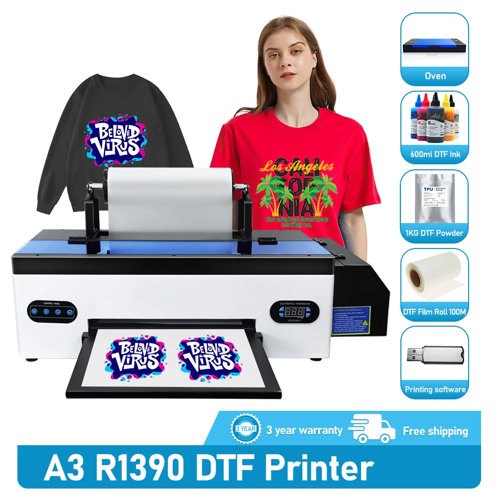 

A3 R1390 DTF Printer with Roll Feeder Direct To Film DTF Printer for Heat Transfer for all fabrics T-shirt printing Machine DTF