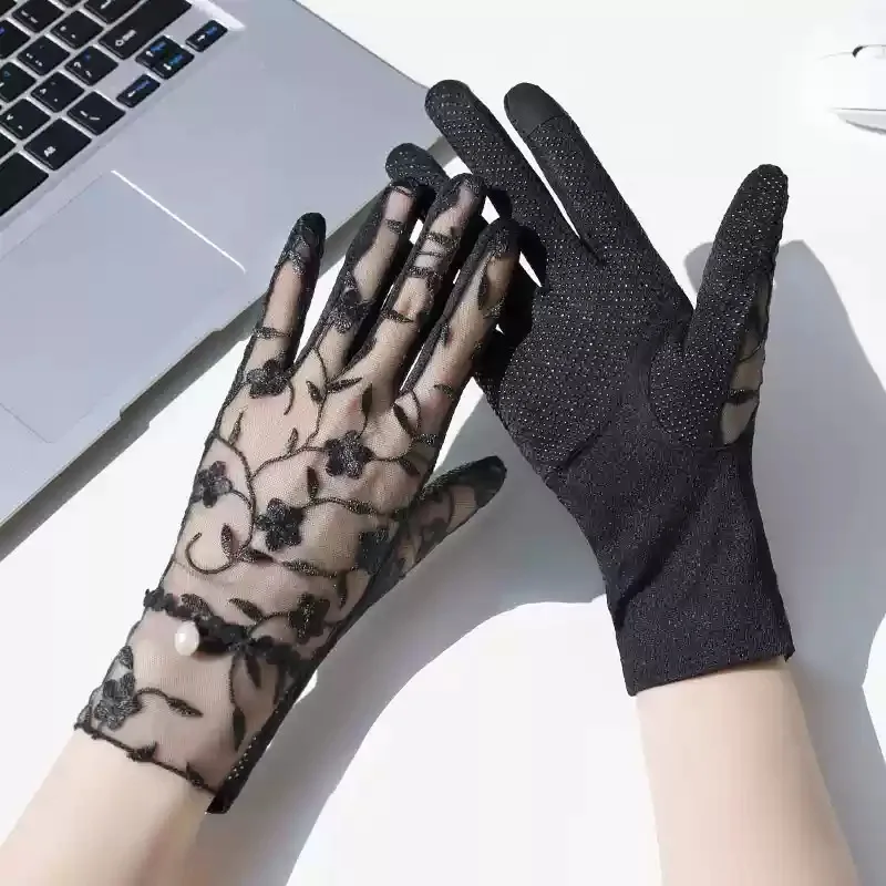 Women's Floral Embroidery Lace Sheer Touchscreen Gloves Non-Slip Grip Pearl Decor Breathable Sun Protection Driving Summer