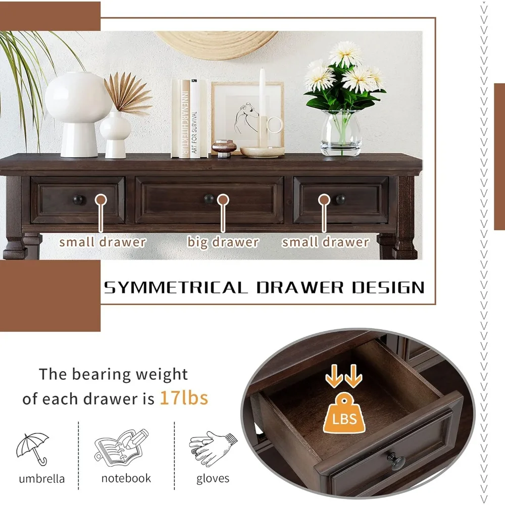 50" Console Table with 3 Drawers, Retro Entryway Table with Storage and Bottom Shelf, Narrow Long Sofa Table for Entryway