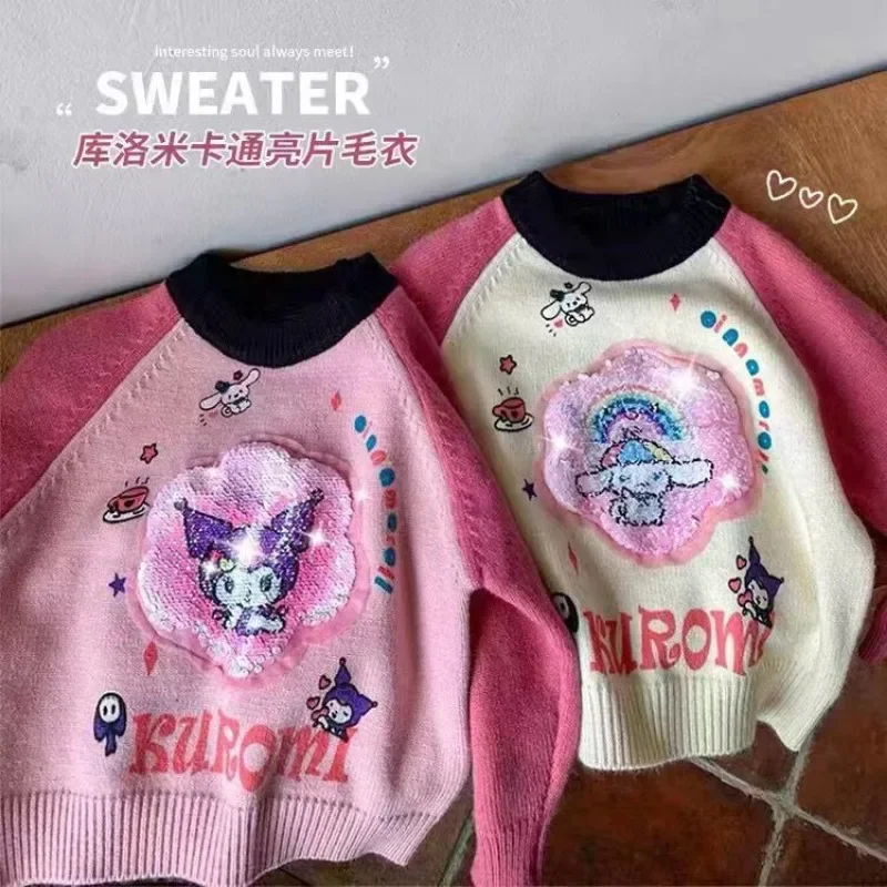 New Cinnamoroll Girls Autumn Clothes Sequined Velvet Sweater Children's Cartoon Color Block Top Cute Western Children's Clothes