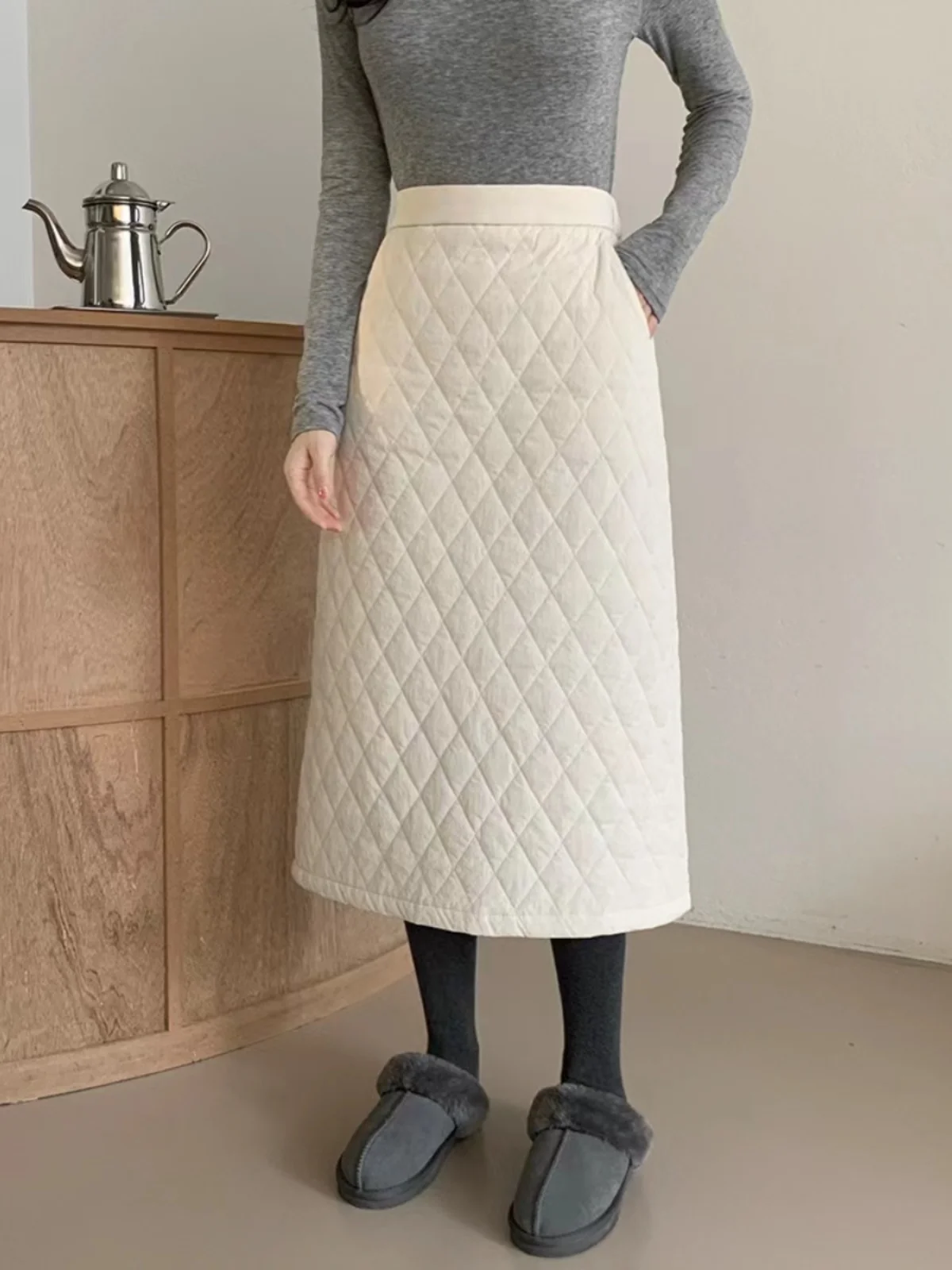 

Корейская юбка-миди с высокой талией, женская 2024, длинная утягивающая универсальная юбка трапециевидной формы с бриллиантами, осеннее новое поступление