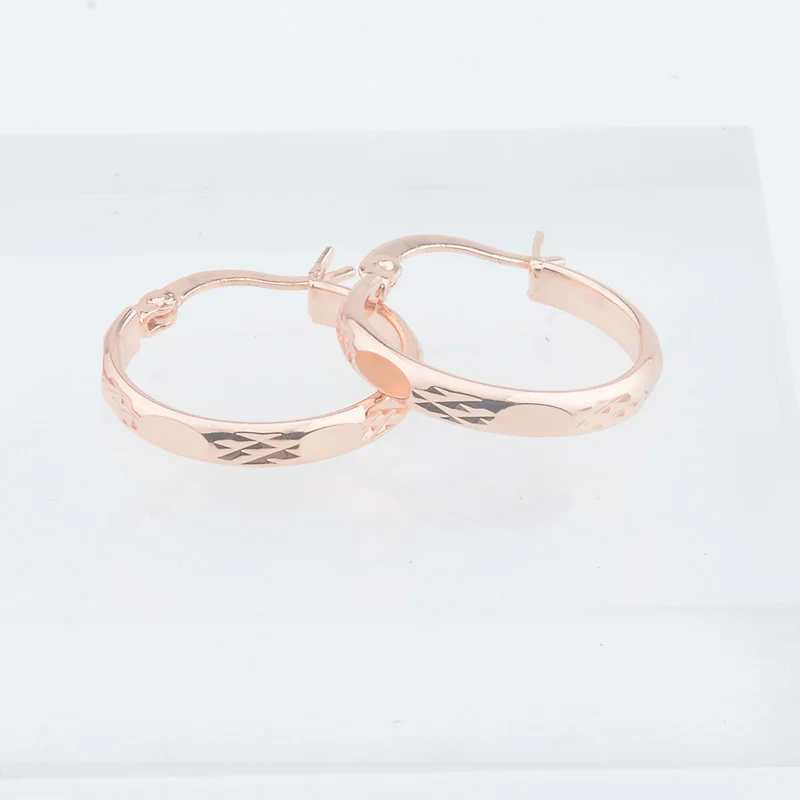 FJ  Women Smart Circle Engraving  585 Rose Gold Color Hoop Earrings