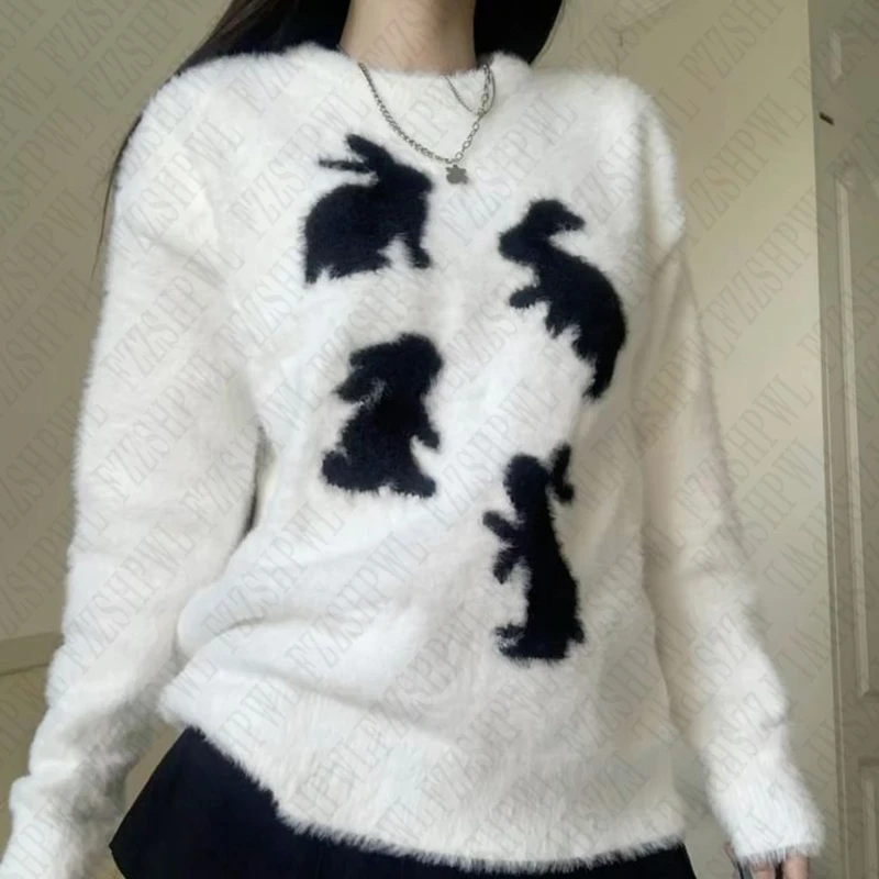 Women White Gothic Knitted Torn Pullover Sweater Harajuku rabbit 90s Y2k Long Sleeves Jumper Sweaters Emo Vintage 2000s Clothes