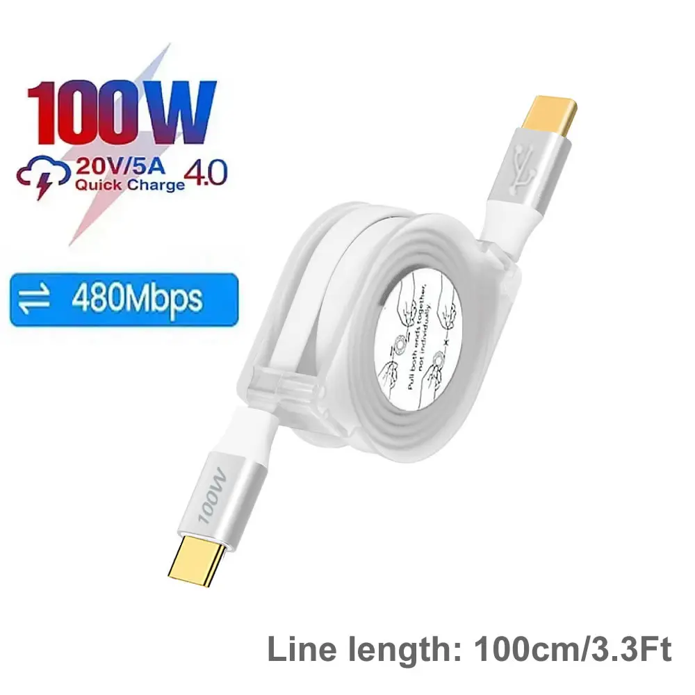 PD 100W USB C Retractable Data Cable, For iPhone 15 Pro Max For MacBook Samsung Fast Charge Cord For iPad Type C Laptop Switch image 3