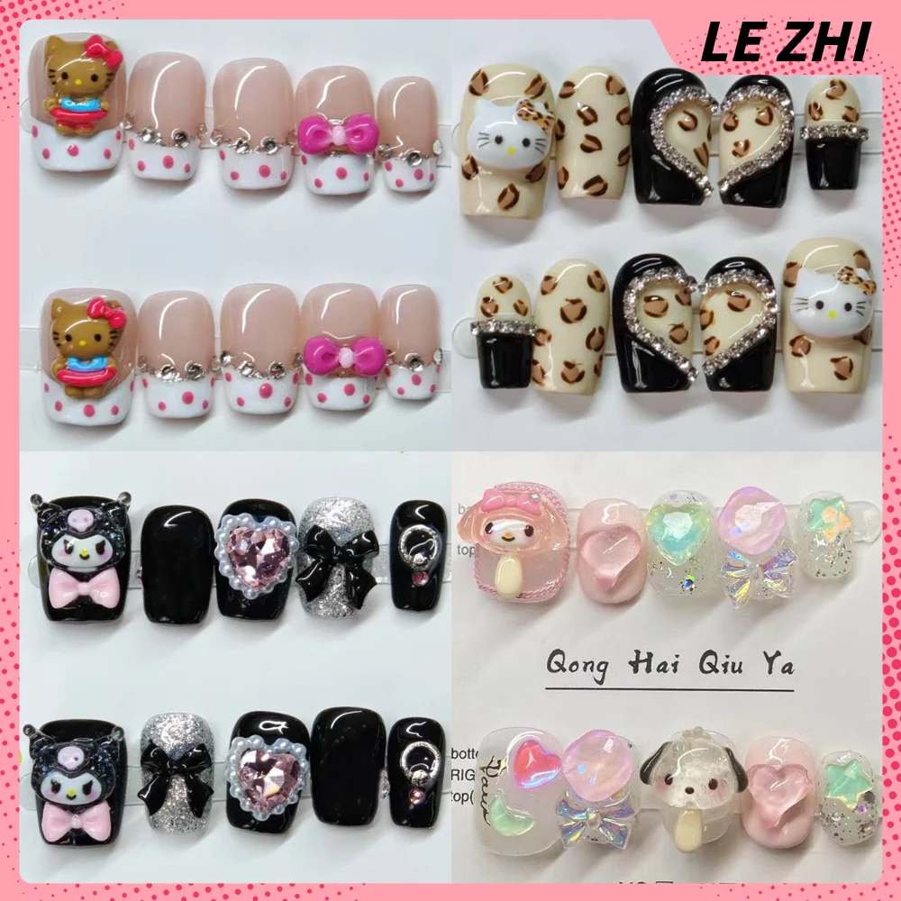 

Kawaii Hello Kitty My Melody Kuromi Square Round Handmade False Nails Cartoon Pochacco Cinnamoroll Full Cover Nails Girls Gift