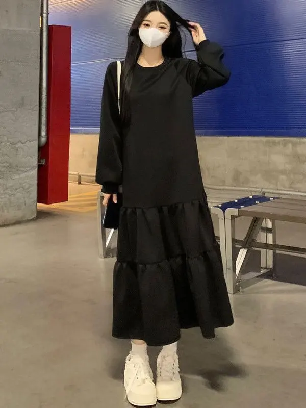 

plus Size Fleece Long Sleeve Dress Autumn Winter Casual Loose A-Line Sweatshirt Dress Lace Hem Big MM 2300 Pounds
