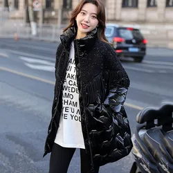 New Women's Bright-Face Down Jacket Winter Worsted Stitching Black Fringe Parker Overcoat Female Long 90% White Duck Down Coat