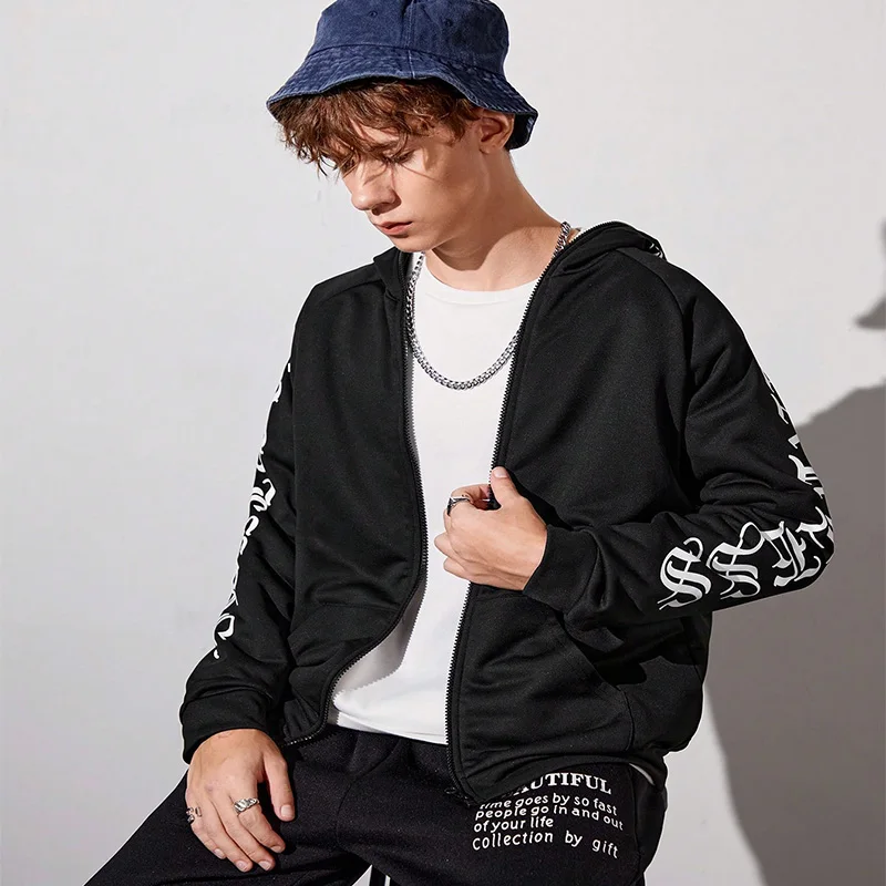 Autumn And Winter Boys And Teenagers Warm Trendy Dark Gothic Text Printed Long Sleeved Zipper Hoodie Birthday Party Dress