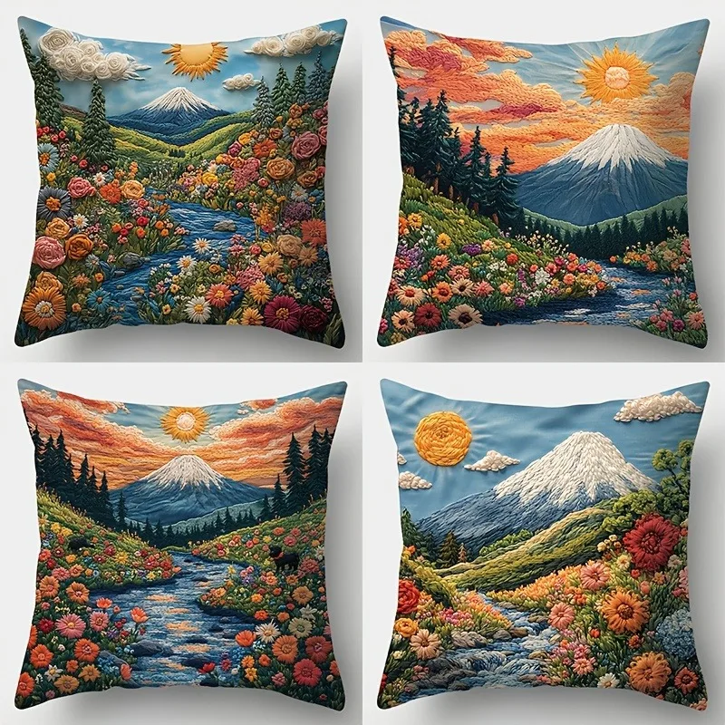 

Наволочка с ярким горлом Фудзи и пейзажем: декоративная наволочка с цветочным узором луга