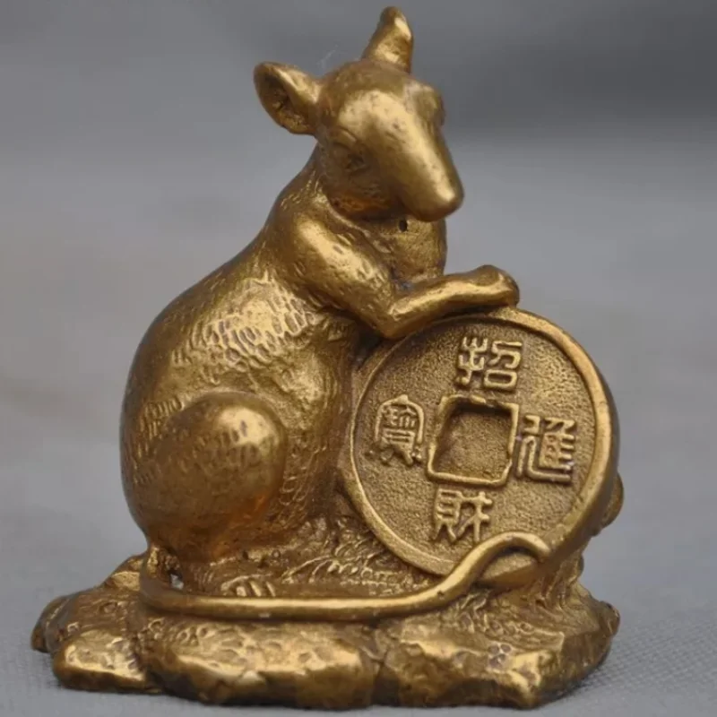 Chinese brass Feng Shui wealth coin Yuan Bao mouse rat Zodiac animal statue