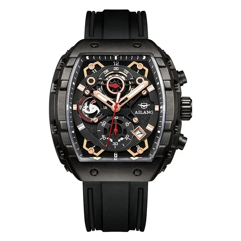 AILANG-8096 Men's Automatic Mechanical Watch Tonneau Skeleton Chronograph Dial Black Silicone Strap Sport Luminous Waterproof