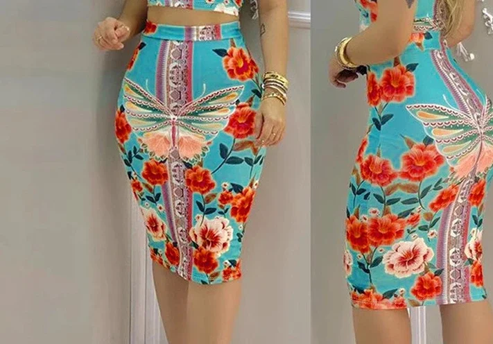 

Топ без рукавов с синим бабочкой и цветочным принтом и тонкая облегающая юбка с высокой талией, женский комплект одежды из 2 предметов