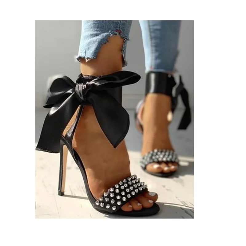 

Black Bow Knot Rivet Hollow Sandals Thin High Heel Peep Toe Fashion Sexy 2024 Summer Big Size Woman Shoes Zapatillas Mujer