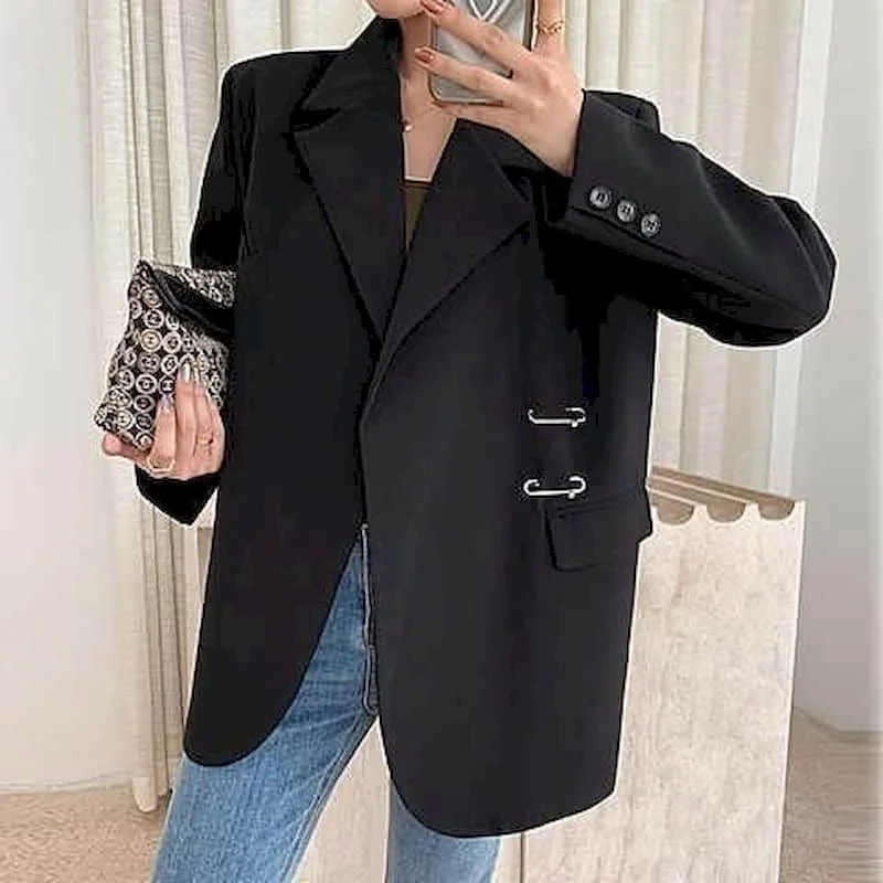 Solid Blazers for Women Elegant Oversized Long Sleeve Casual Basic Jackets Vintage Tailored Collar Coats Korean Style Women Tops