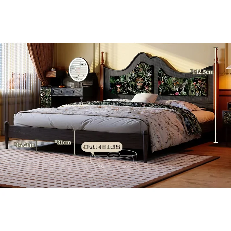 Solid wood bed French retro master bedroom double black ash wood American 1.8 meters