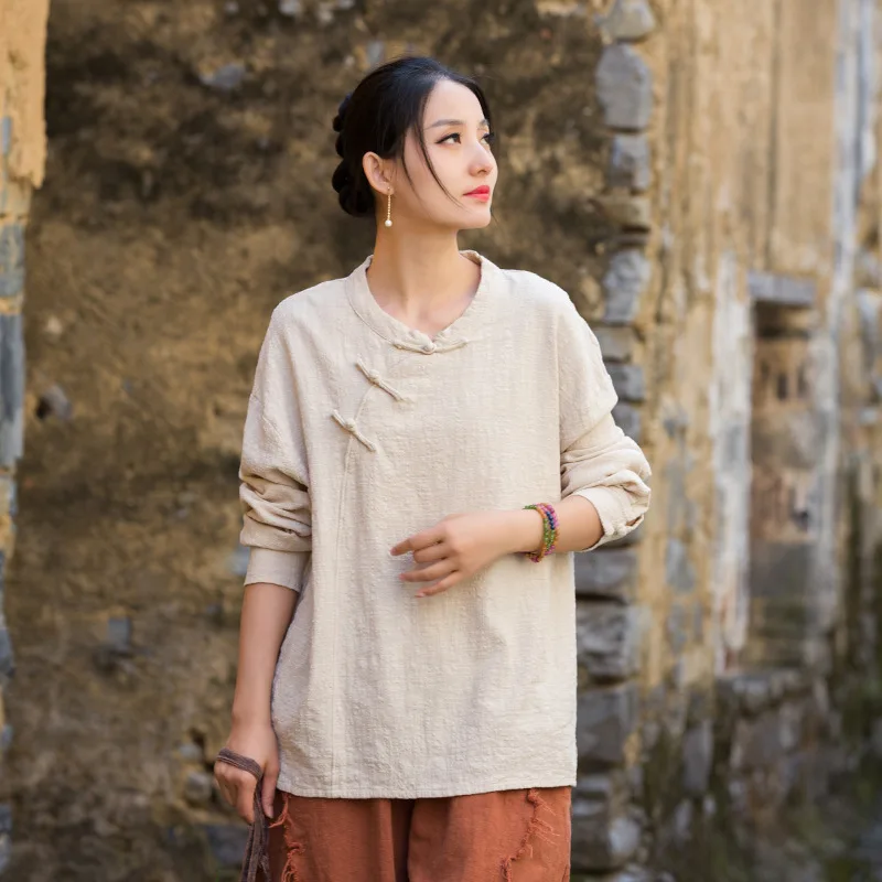 بلوزة F/W Ramie: تصميم أصلي، ياقة على شكل ضفدع مع دانتيل، طراز صيني حديث. #1