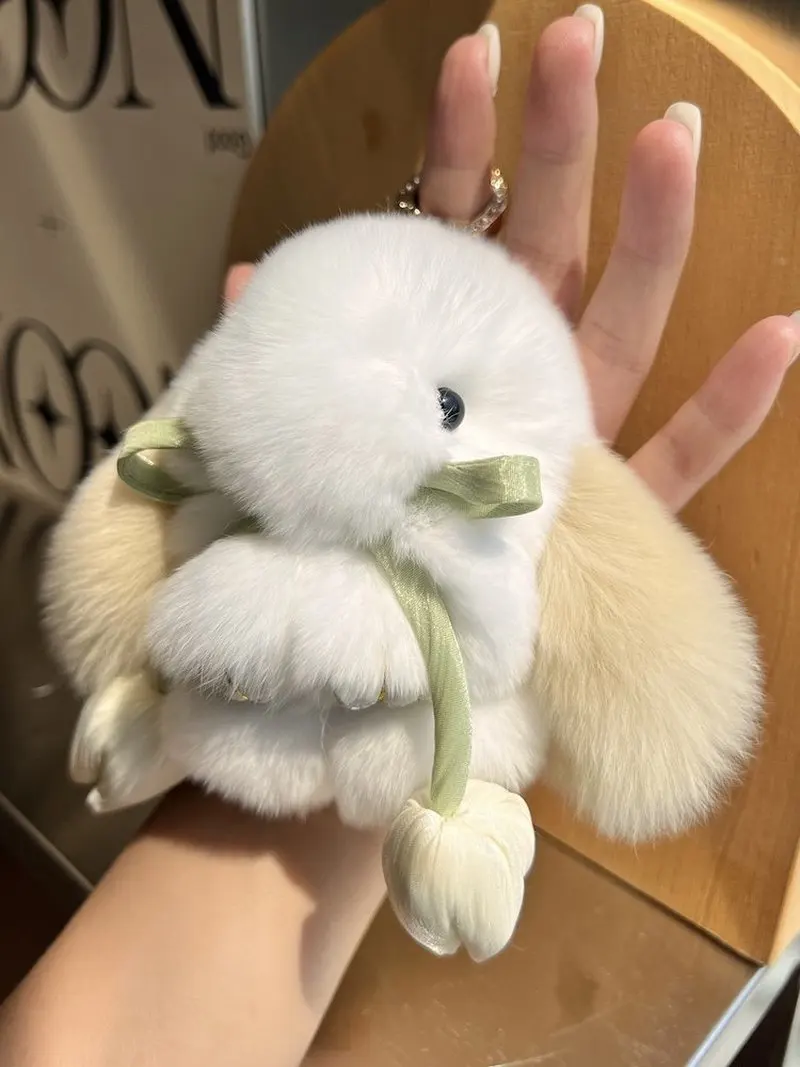 

Брелок из натурального меха кролика рекс, милый мягкий мини-плюшевый кулон с декором в виде тюльпана, для сумки, рюкзака, ключей от машины, подарок для девочек