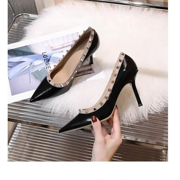 2024 Popular Pointed Toe Patent Leather Rivet Stud High Heels Shoes Banquet Party WeddingShoes Nightclub High Heels Women Shoes