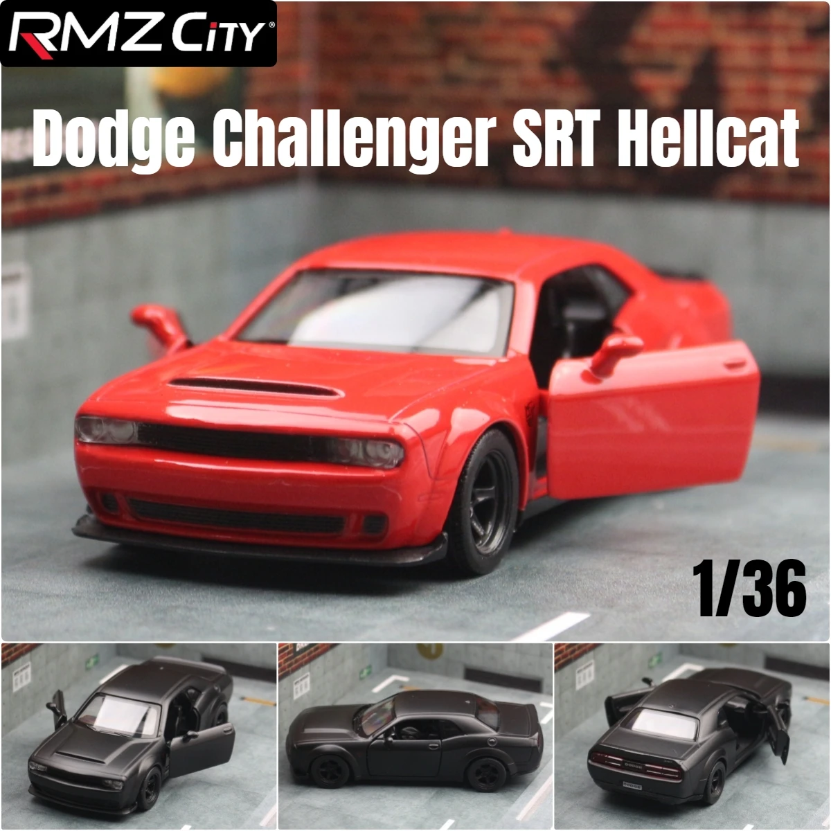 1/36 Dodge Challenger SRT Hellcat Toy Car RMZ CiTY Diecast Miniature Super Vehicle Model Pull Back Collection Gift For Boys Kid