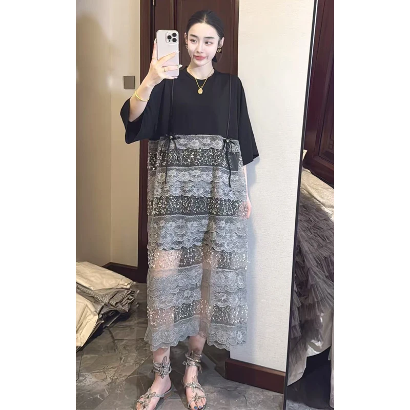 2025 ฤดูร้อนใหม่ผู้หญิงElegantหลวมลูกไม้ยาวเสื้อยืดหญิงแขนสั้นชุดขายส่งJ2006