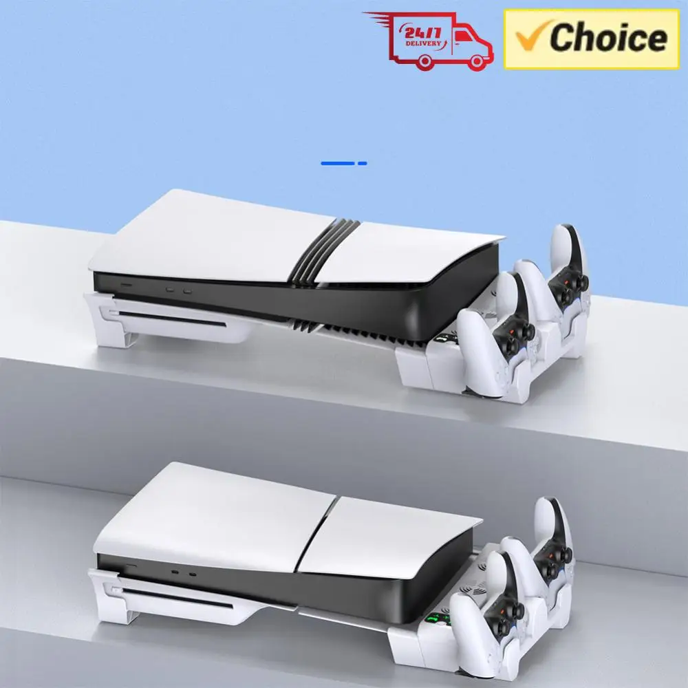 

2 Controller Charger W/ USB Hub Horizontal Cooling Stand Base Holder with Controller Charging for PS5 Slim/PS5 Pro Disc & Digita