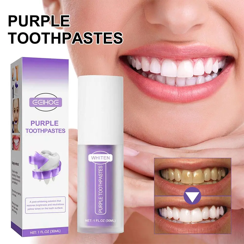 Dentes Professional Whitening Creme dental, Mousse Roxo Dental Branqueamento, remover manchas amarelas, respiração dental, 30ml, M7y4