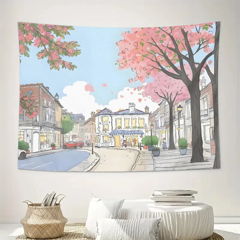 Paris Cherry Blossom Street Watercolor Cityscape Wall Tapestry Machine Washable All Season Print Romantic European Design Home