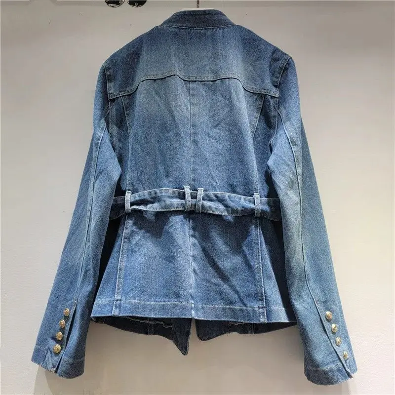 Multi-Pocket Design Blue Denim Jacket With Sashes Slim V-Neck Long Sleeve Spring Autumn New Women Jeans Jacket Coat Streetwear