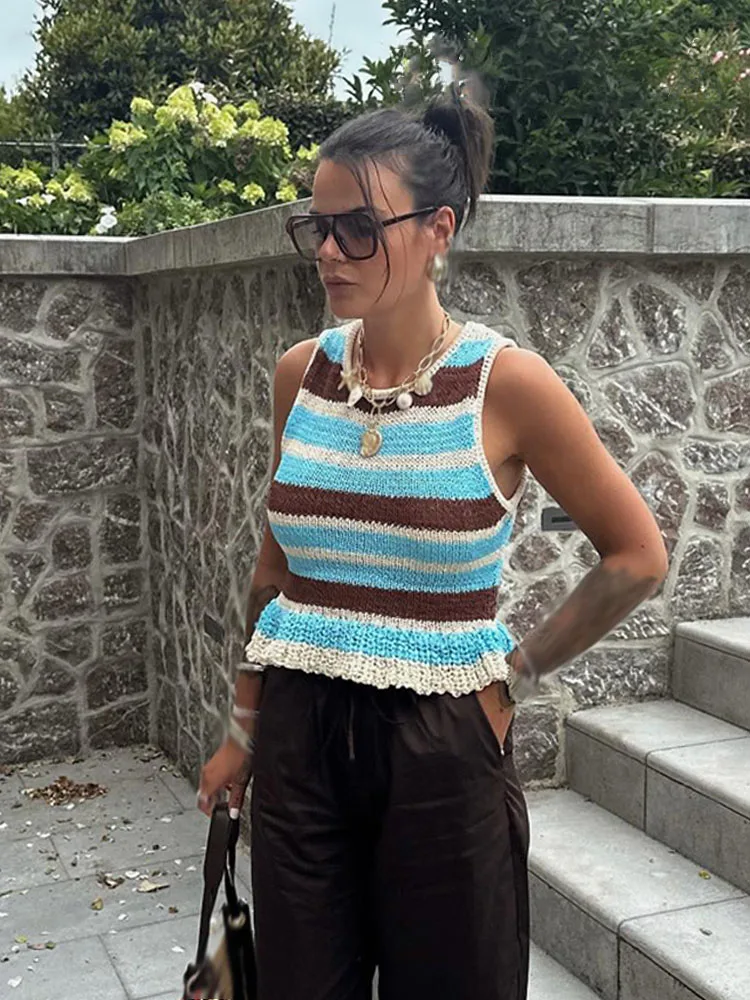 

HH женский летний новый модный ламинированный декор полосатый вязаный топ без рукавов женский элегантный повседневный жилет для отдыха на море