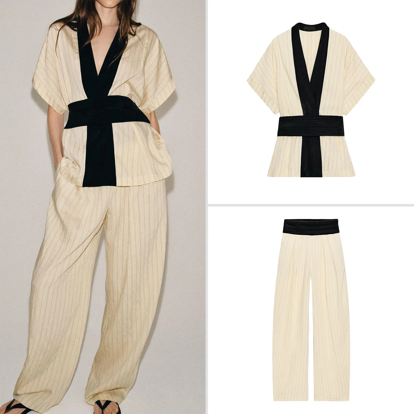Women's Fashion Striped Short Sleeve Color Block  Wide Leg Pants Two Piece Set Shirt Style Top mid Waist Belt Included
