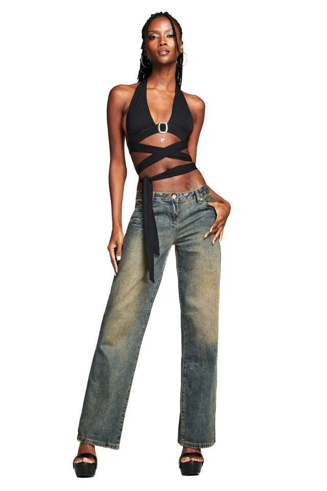 

High Waist Distressed Washed Denim Jeans Women's Slimming Bell Bottoms Long Trousers Summer Fashion plus Size Deep Color