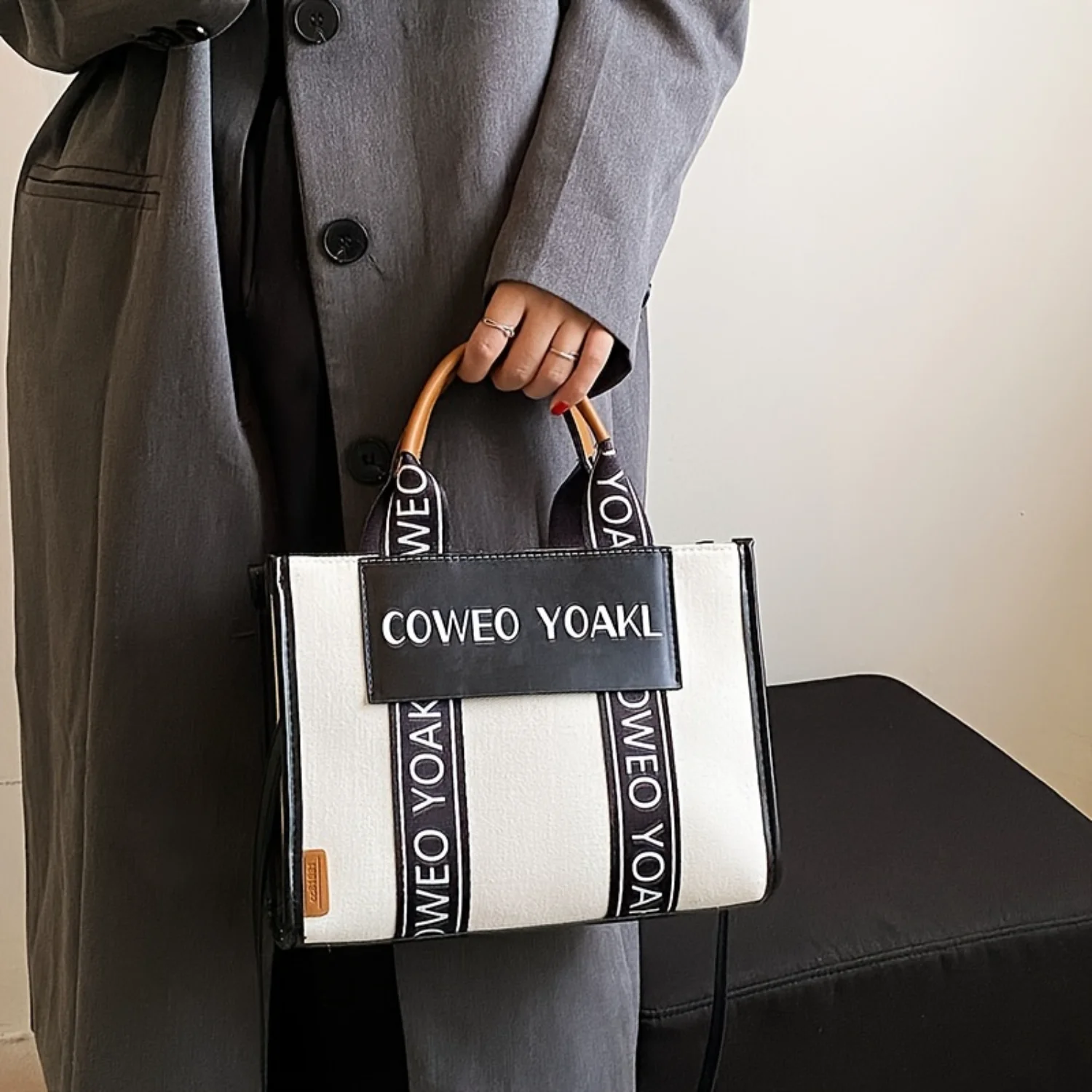 Women's Square Shoulder Bag Letters Pattern Top Handle Satchel Daily Use