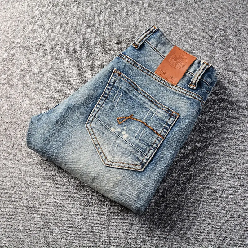 Newly Designer Fashion Men Jeans High Quality Retro Washed Blue Stretch Slim Fit Ripped Jeans Men Vintage Denim Pants Hombre