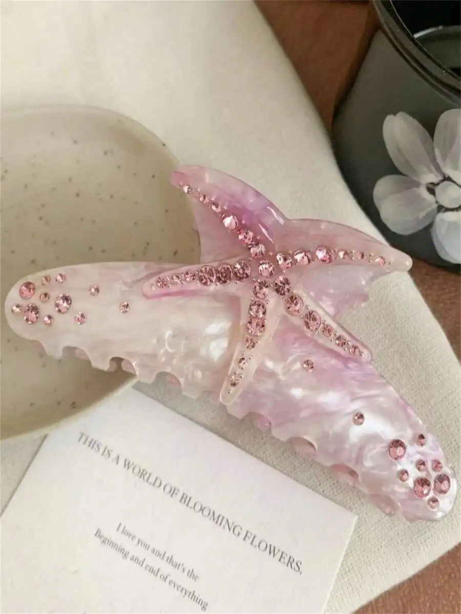 

Womens Pink Acetate Starfish Hair Claw Clip With Rhinestones Hair Accessory