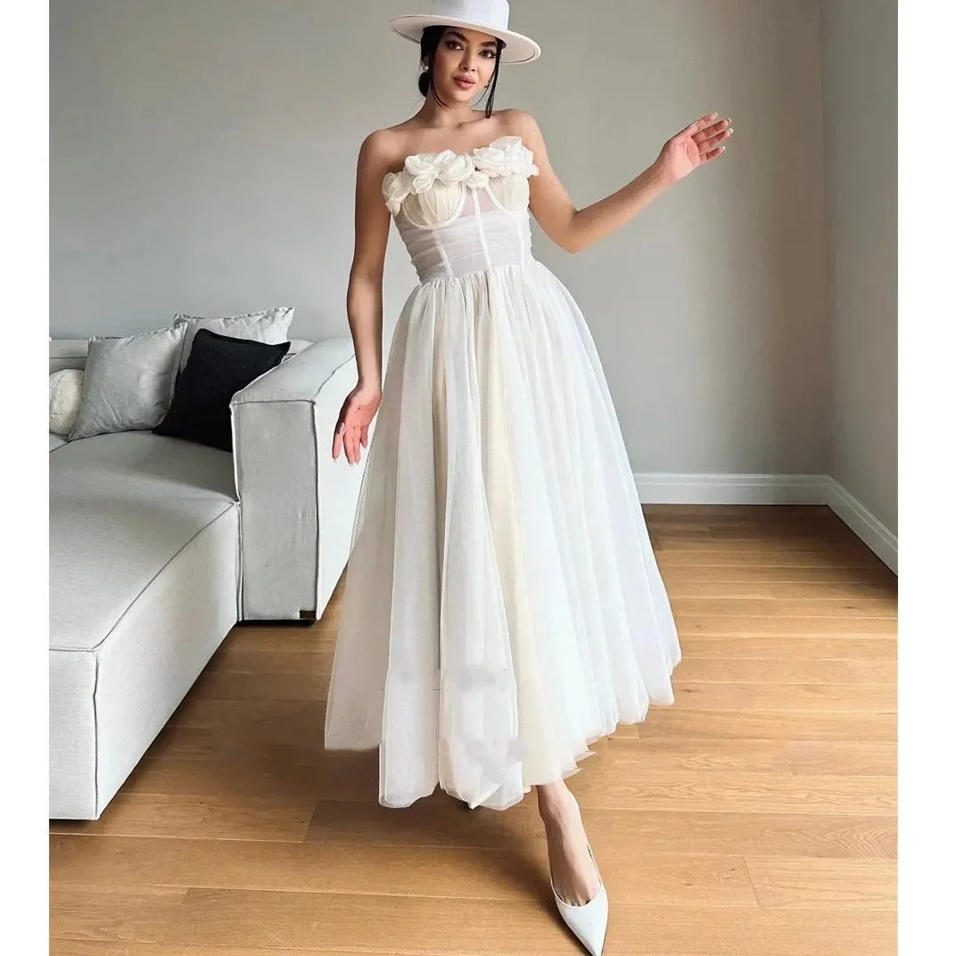 

New Strapless Women Wedding Dress Flowers Appliques A-Line Tulle Ankle-Length Vestidos de novia 2024 Bridal Gown Homecoming Dres