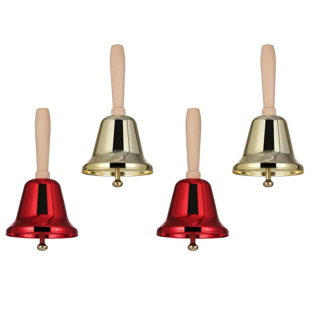 4 قطعة أجراس يدوية مقبض خشبي كرة معدنية داخل صوت عالي هش عيد الميلاد قرع جرس الخدمة التعليمية