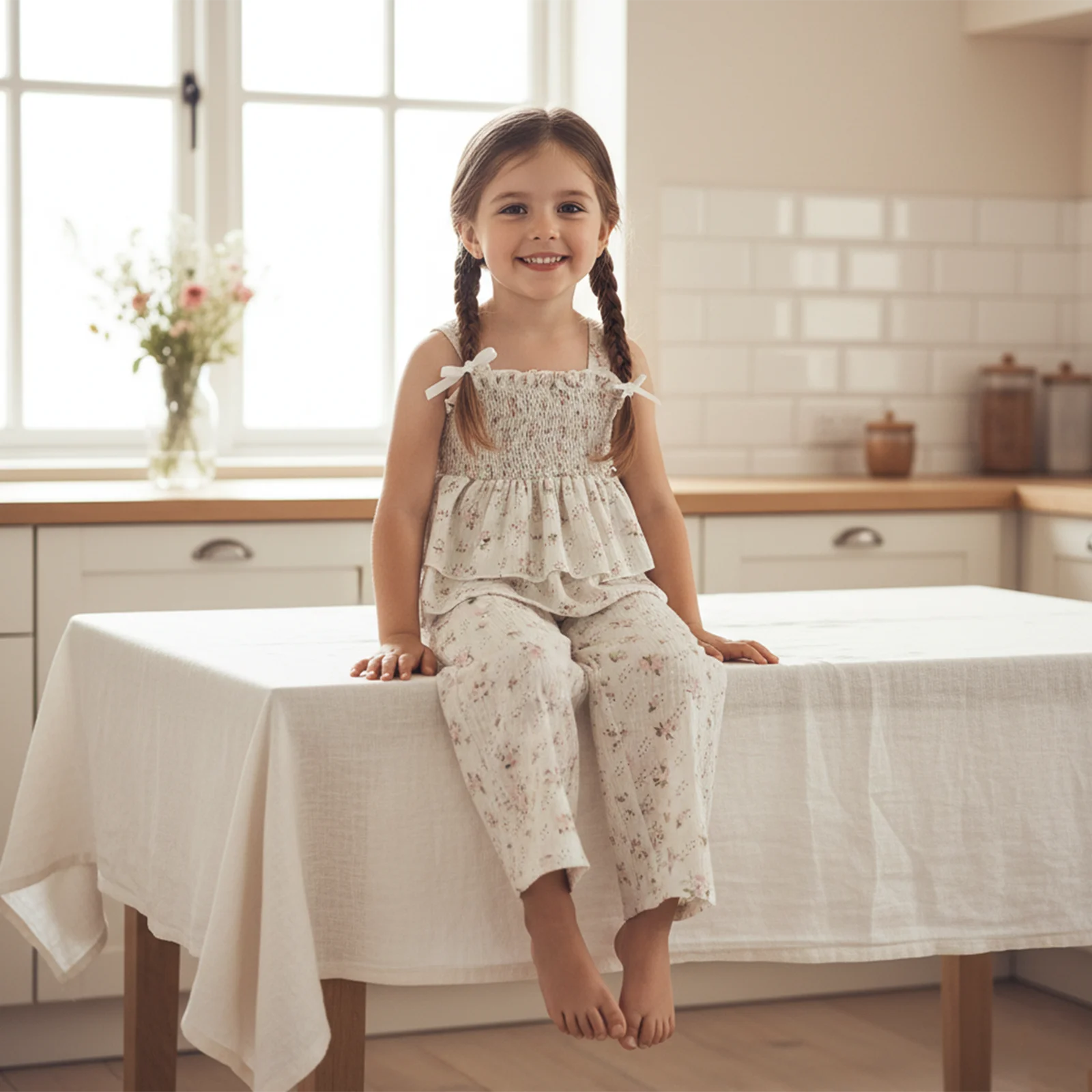 FOCUSNORM 2-7Y الصغار الفتيات ملابس الربيع مجموعات عباد الشمس طباعة أكمام Smocked تانك القمم + جيب فستان أطفال مع سروال داخلي #1