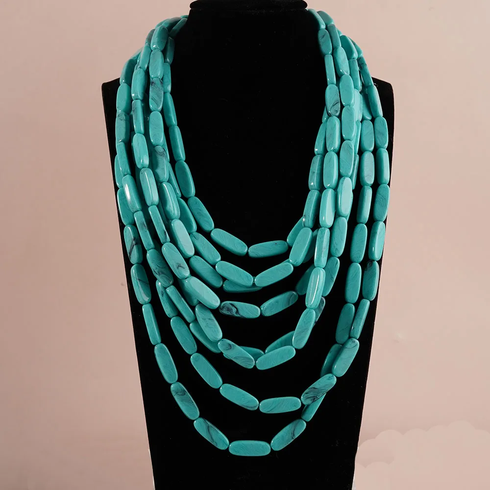 

New Boho Multi Layer Handmade Round White Blue Necklace Jewelry Vintage Statement Collar Bib Beads Long African Jewelry Gifts