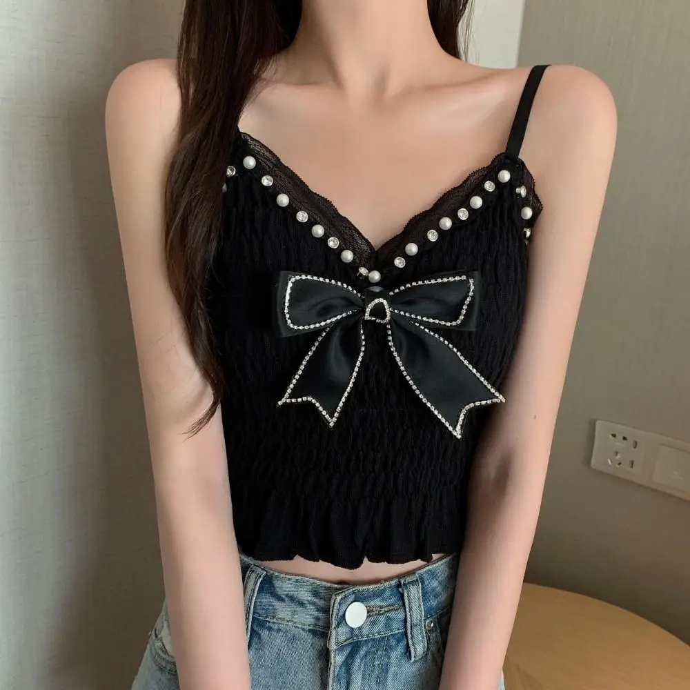 

Sweet Korean Rhinestone Pearl Camisole Streetwear Sleeveless Balletcore Vests Ribbon Vintage Lace Bow Crop Top Garment