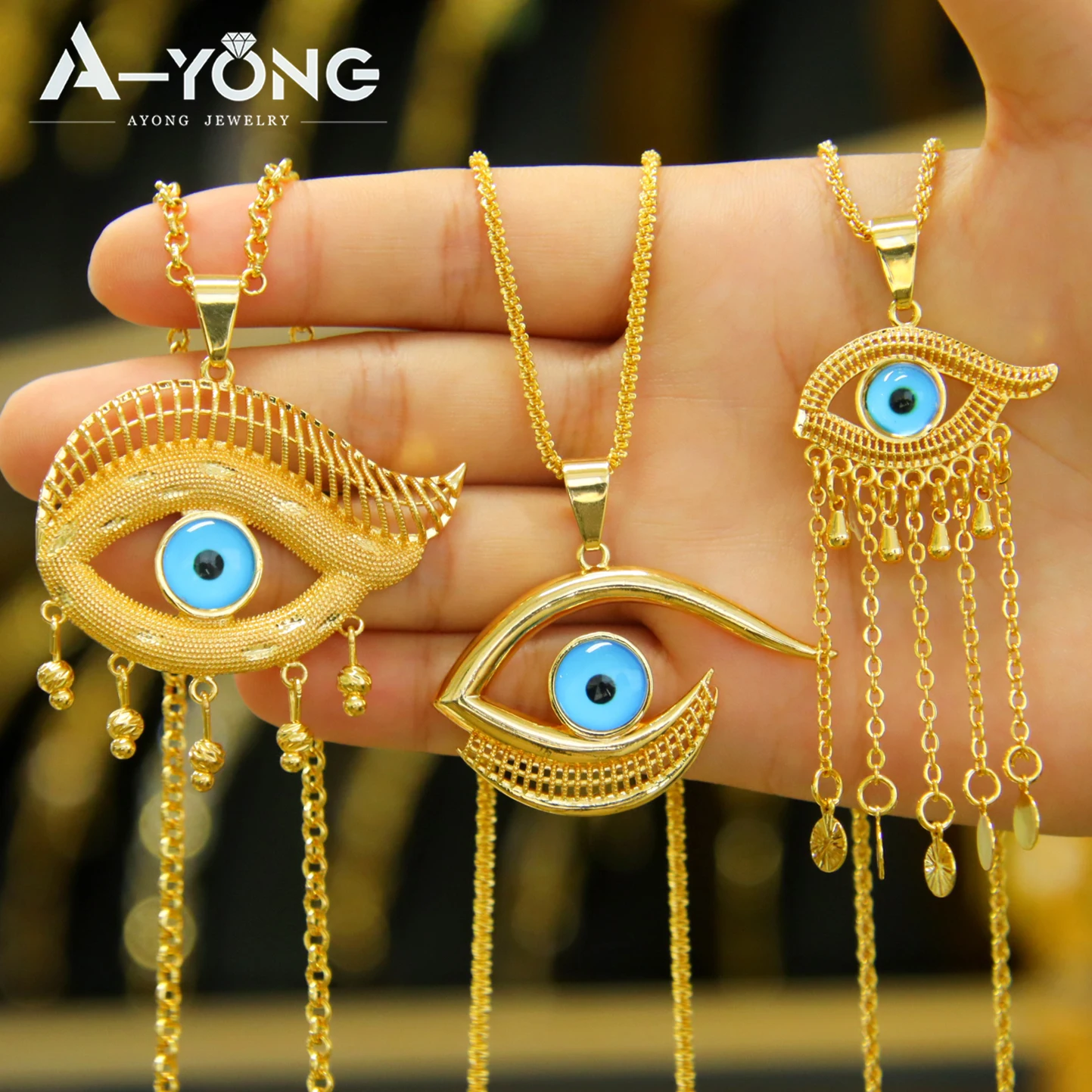 Arabische Mode Quasten-Anhänger 21k Vergoldete Zirkonia-Augen Hip-Hop Halskette Anhänger Dubai Damen Event Party Schmuck Geschenke – Detail 4