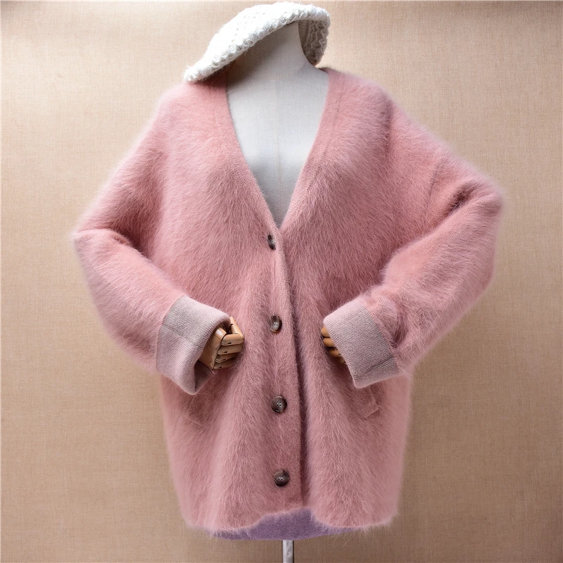 Female Women Autumn Winter Thick Warm Pink Hairy Angora Rabbit Hair Knitted V-Neck Long Sleeves Loose Cardigans Sweater Jacket