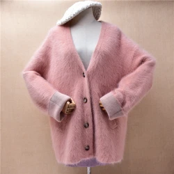 Female Women Autumn Winter Thick Warm Pink Hairy Angora Rabbit Hair Knitted V-Neck Long Sleeves Loose Cardigans Sweater Jacket