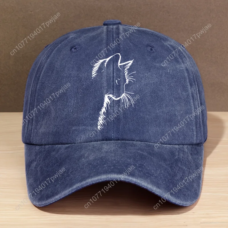 Unisex stylish washed baseball cap with letter cutout cat pattern adjustable trucker hat suitable forcamping fishing.