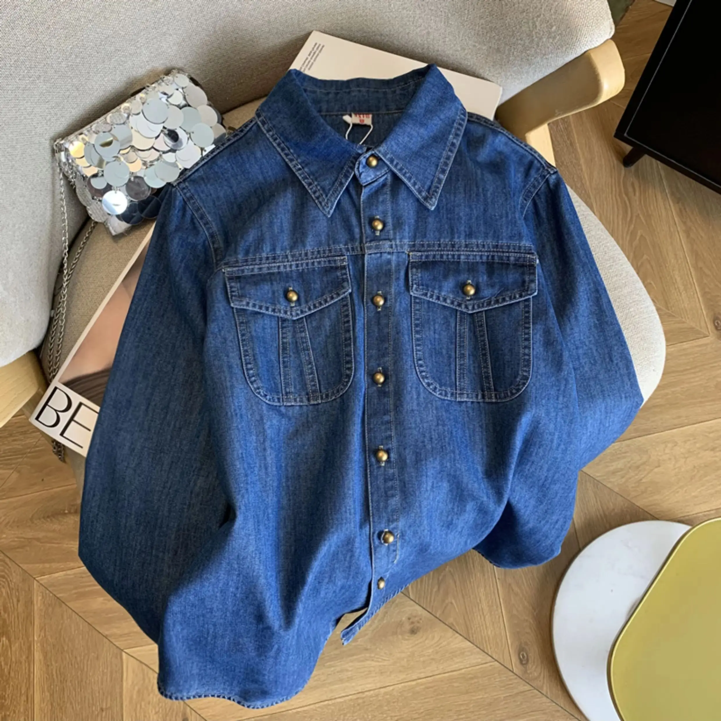 Vintage Blue Lapel Denim Shirt Women Long Sleeve Single Breasted Versatile Spring Autumn Casual Blouse