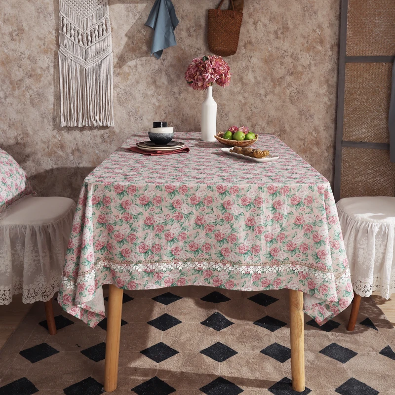 

Pastoral Floral Tablecloth Cotton Vintage Pink Rose Table Cloth Round Tablecloth Coffeetable Cover Cloth Custom Home Decoration