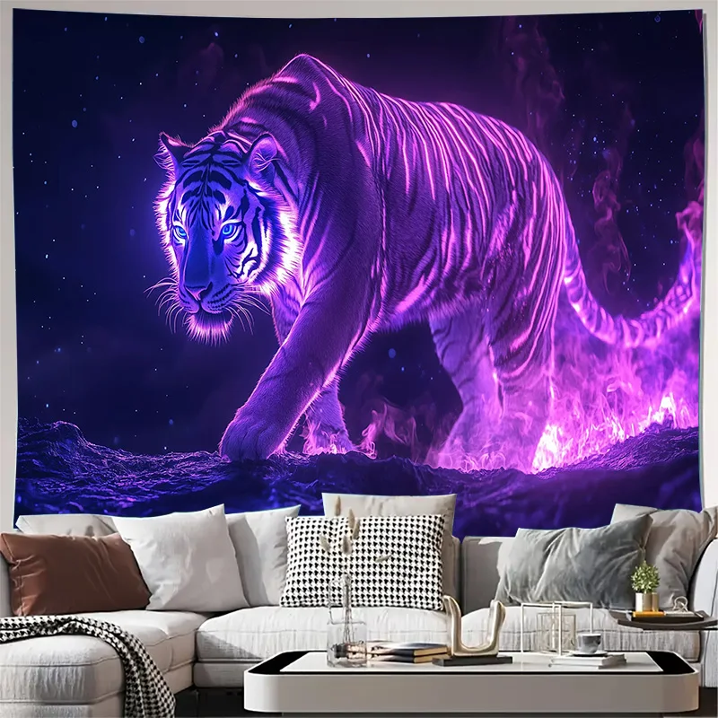 Glowing Purple Neon Tiger in Cosmic Night Sky Wall Tapestry Machine Washable All Season Decor Print Home Elevate Your Space