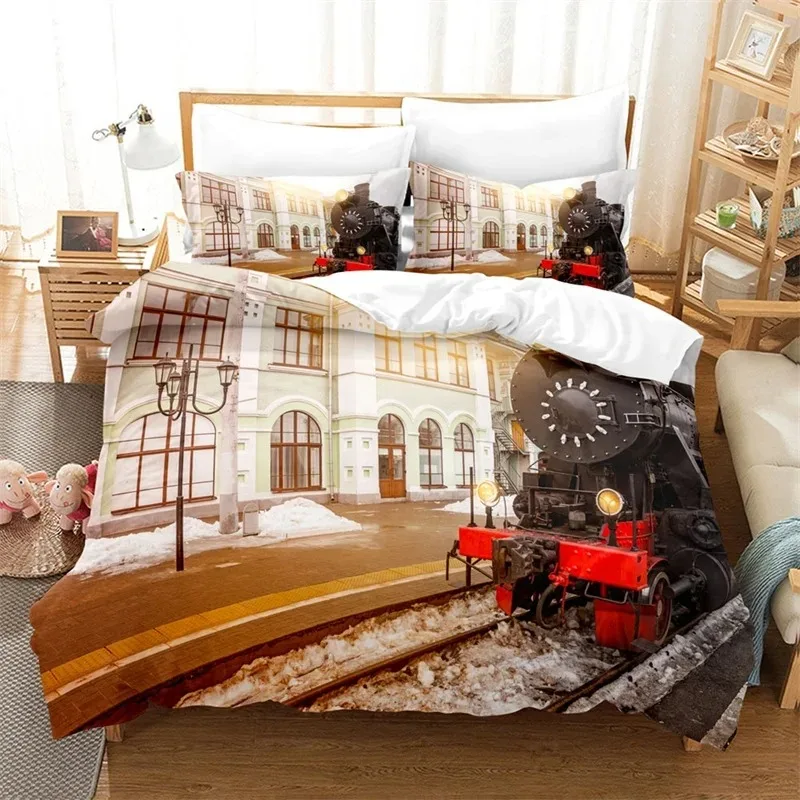 Train Duvet Cover Full Size Boys Steam Engine Bedding Set Microfiber 3D Rail Vehicles Comforter Cover For Kids Teens Room Decor