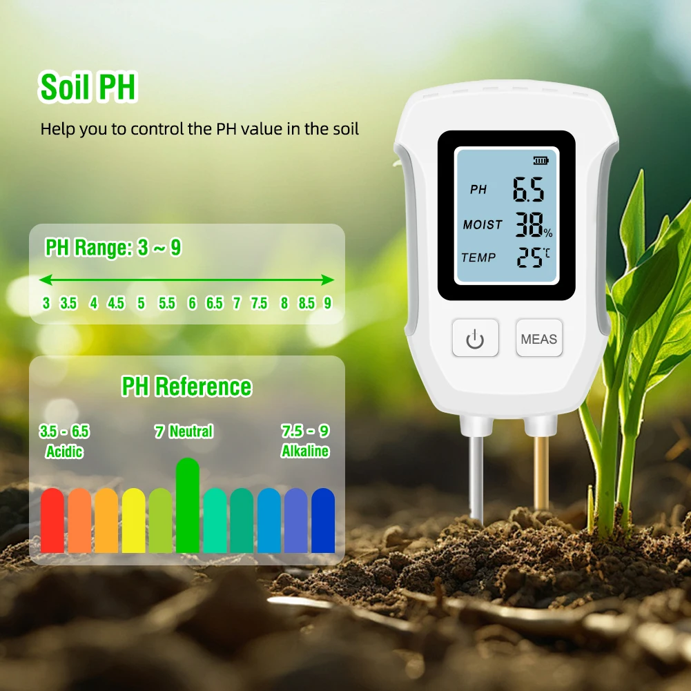 디지털 토양 테스터 PH 수분 온도 계량기, LCD 디스플레이, 3.0-9PH 내열성 금속 센서, 꽃 식물 정원용, 3 in 1