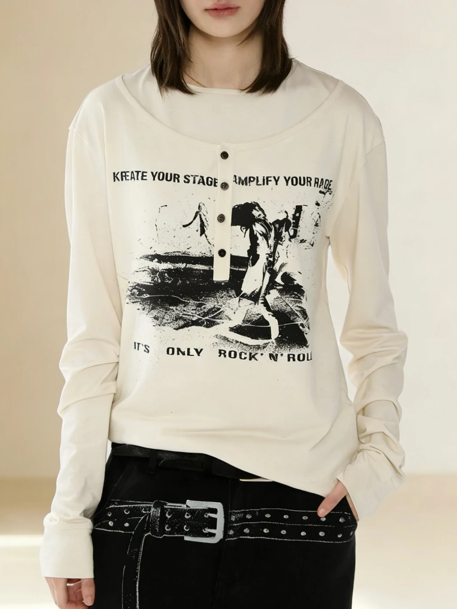 Retro American Style Long Sleeve T-Shirt Men Slim Fit Shoulder Print Fake Two-Piece Design Casual Comfortable Top Shirt